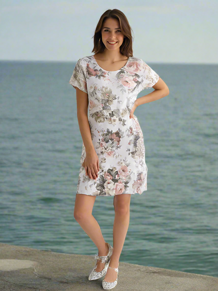 Floral Linen Shift Dress - White