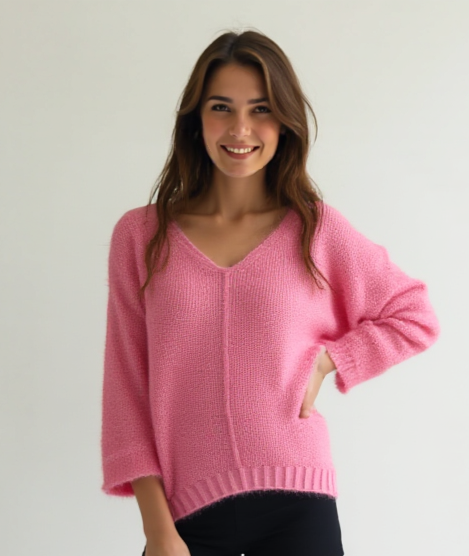 Fluffy V-Neck Knit - Pink