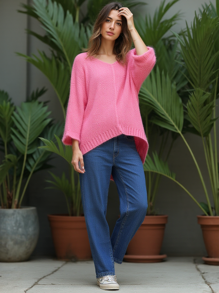 Fluffy V-Neck Knit - Pink