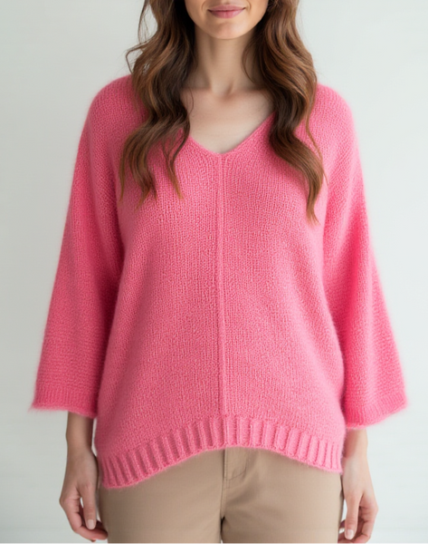 Fluffy V-Neck Knit - Pink