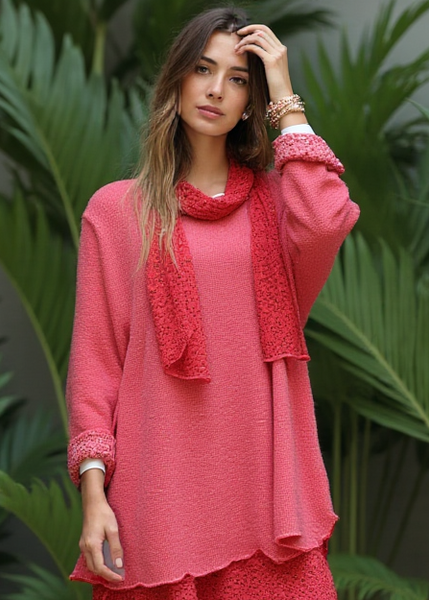 Knitted Layer Top with Scarf - Red