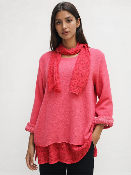 Knitted Layer Top with Scarf - Red