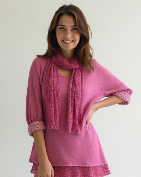 Knitted Layer Top with Scarf - Fuchsia