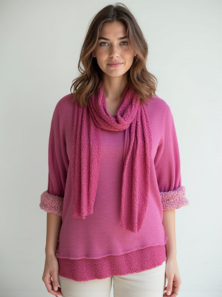 Knitted Layer Top with Scarf - Fuchsia