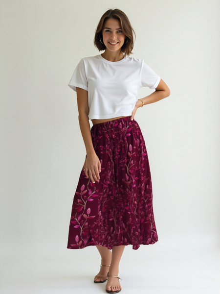 Watercolour Vines A-Line Skirt - Berry