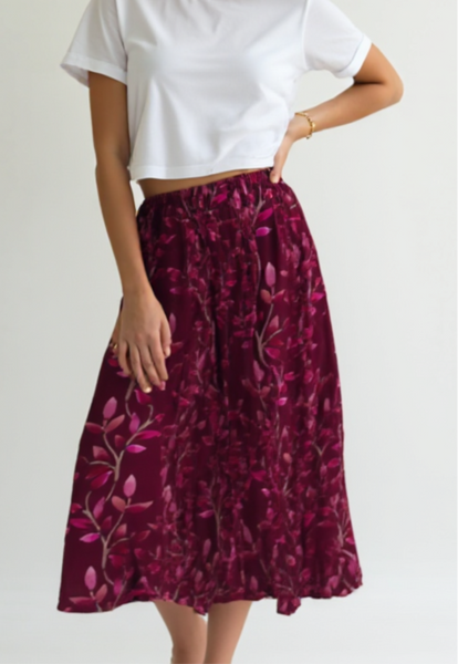 Watercolour Vines A-Line Skirt - Berry
