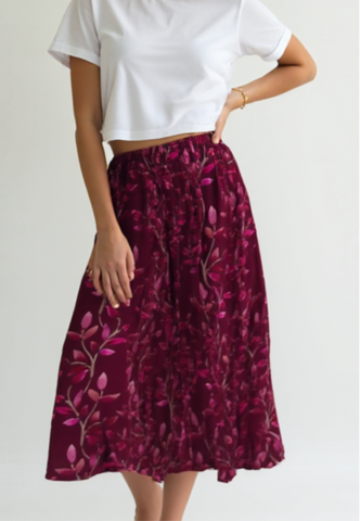 Watercolour Vines A-Line Skirt - Berry