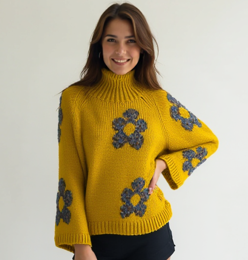Relaxed Floral Hi-Neck Knit - Mustard