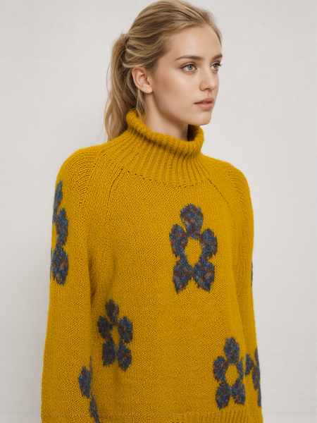 Relaxed Floral Hi-Neck Knit - Mustard