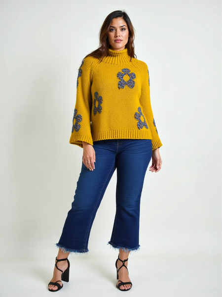 Relaxed Floral Hi-Neck Knit - Mustard