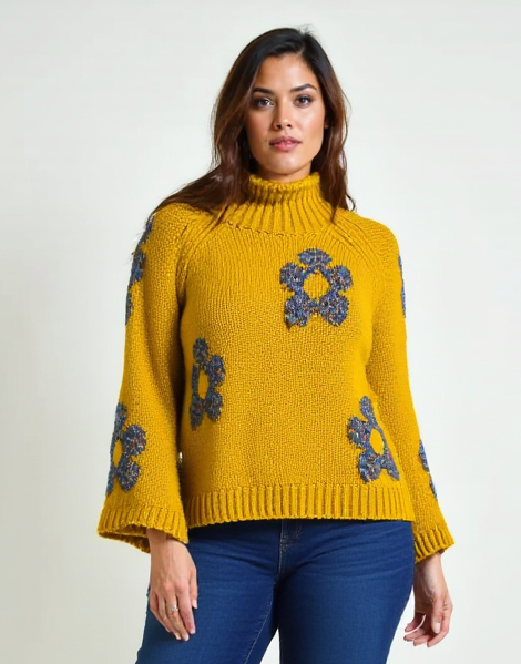 Relaxed Floral Hi-Neck Knit - Mustard
