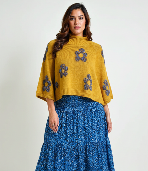 Relaxed Floral Hi-Neck Knit - Mustard