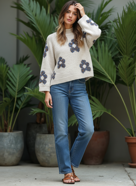 Relaxed Floral Hi-Neck Knit - Cream
