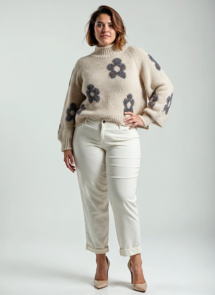 Relaxed Floral Hi-Neck Knit - Cream