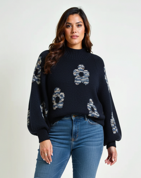 Relaxed Floral Hi-Neck Knit - Navy