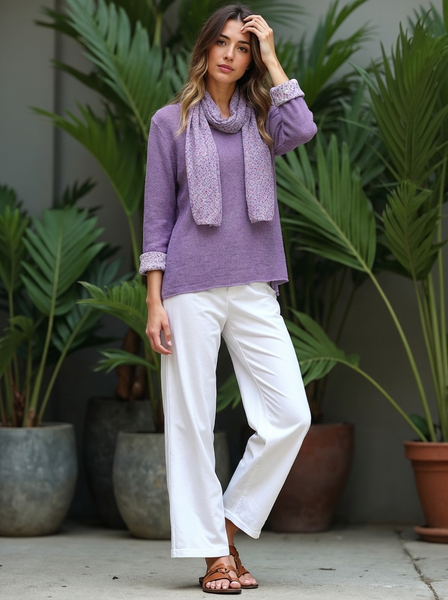 Knitted Layer Top with Scarf -  Purple