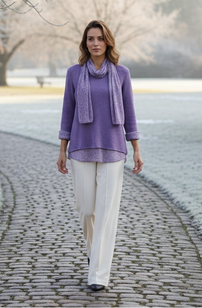 Knitted Layer Top with Scarf -  Purple