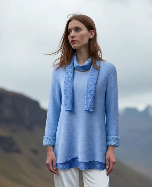 Knitted Layer Top with Scarf -  Powder Blue