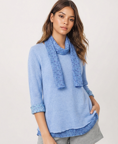 Knitted Layer Top with Scarf -  Powder Blue