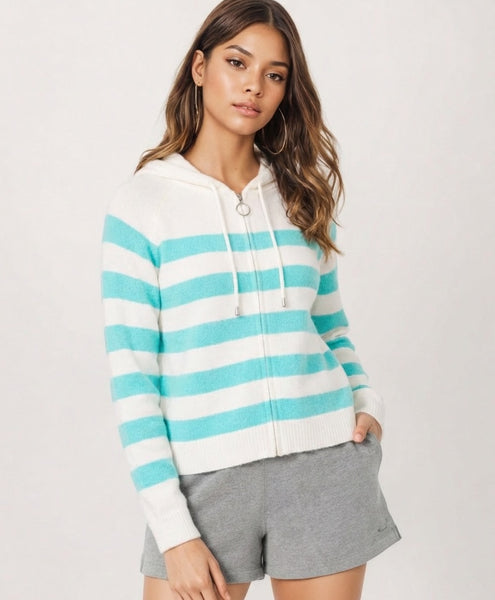 Striped Zipped Hoodie - Aqua