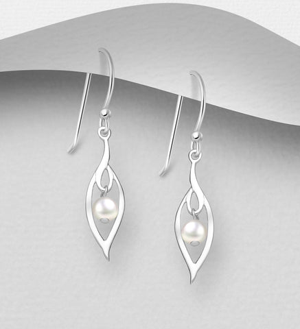 925 Sterling Silver Leaf Shape Earrings, Decorated with White Freshwater Pearls