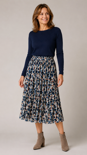 Pleated Autumn Leaves Midi Skirt - Navy