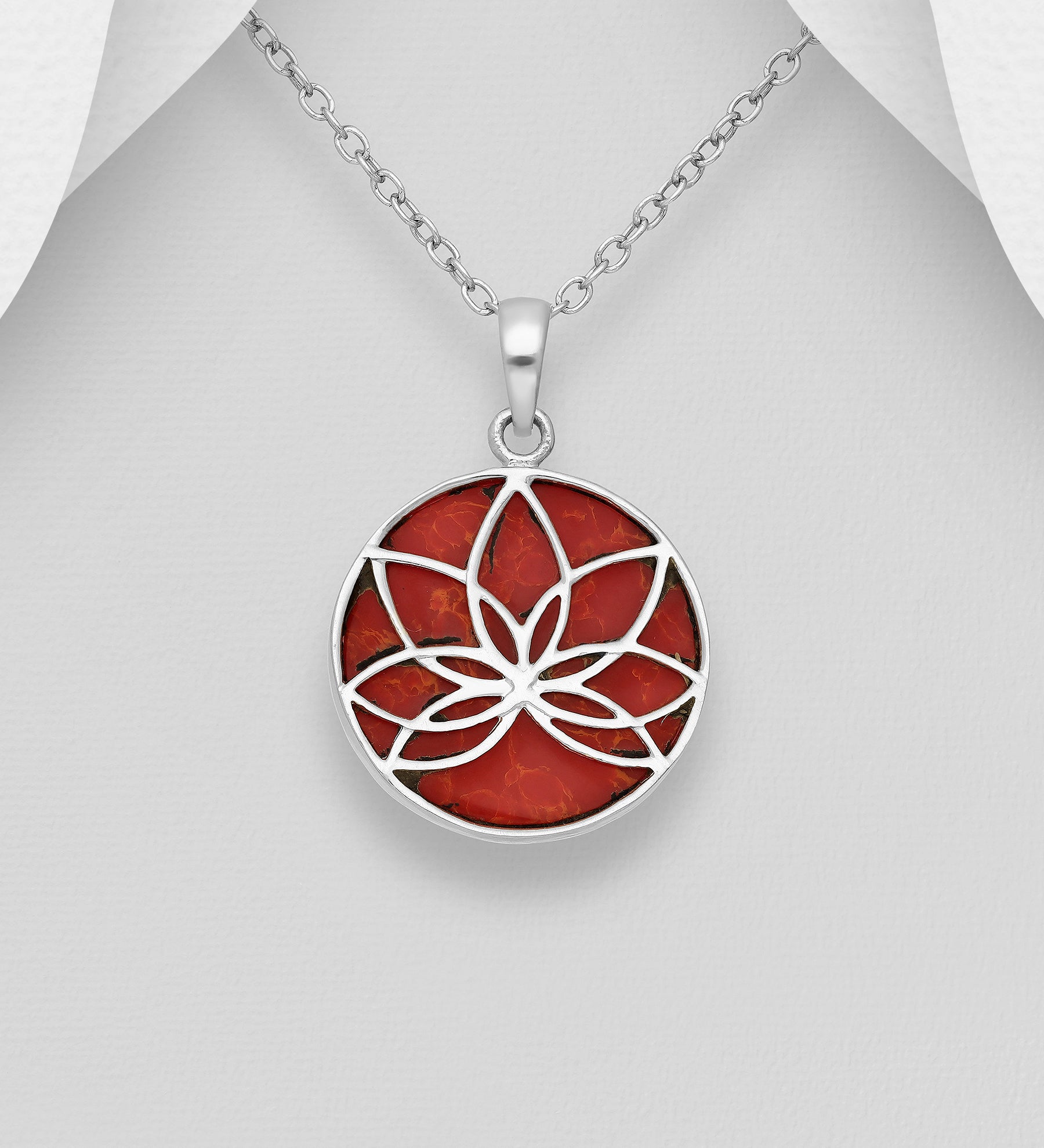 925 Sterling Silver Lotus Pendant with Red Stone