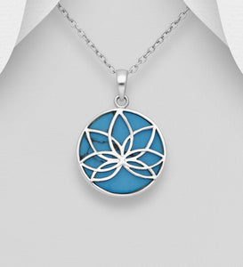 925 Sterling Silver Round Lotus Pendant with Turquoise Stone