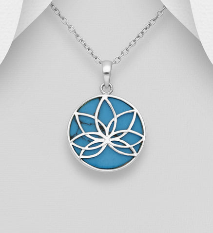 925 Sterling Silver Round Lotus Pendant with Turquoise Stone