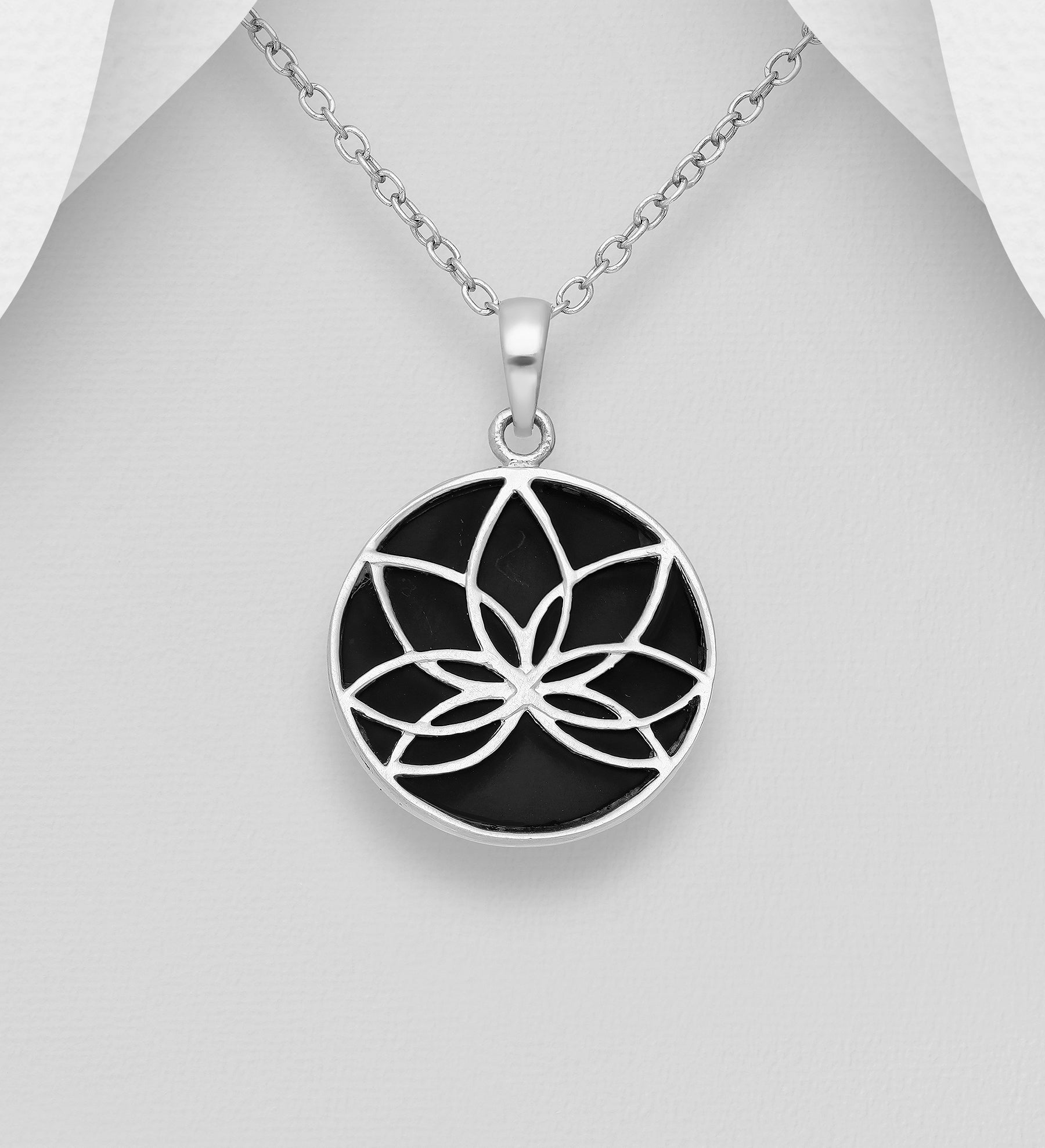 925 Sterling Silver Lotus Pendant with Black Stone