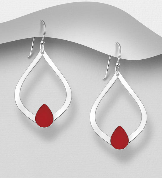 925 Sterling Silver Oval Earrings with Red Teardrop Stone