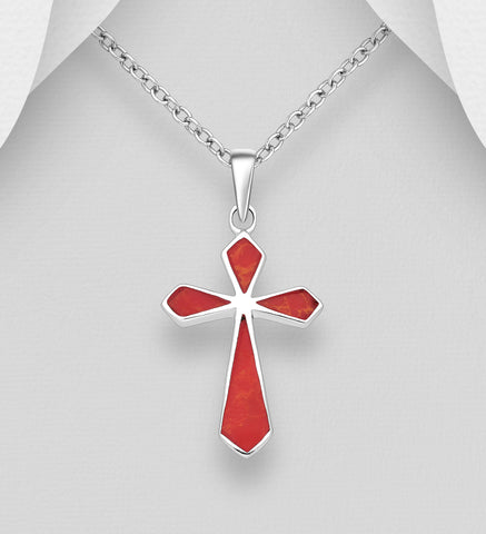 925 Sterling Silver Pendant with Silver Cross & Red Stone