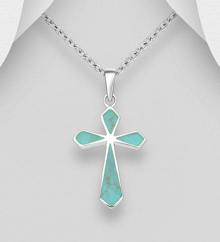 925 Sterling Silver Pendant with Silver Cross & Aqua Stone