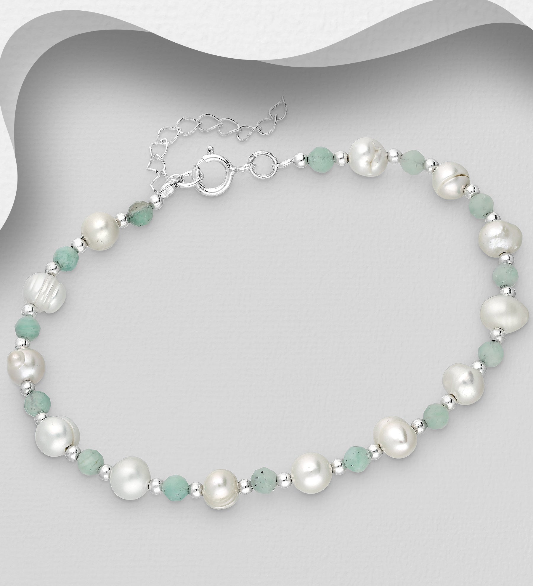 925 Sterling Silver Bracelet, Beaded with Freshwater Pearls and Various Gemstone Beads