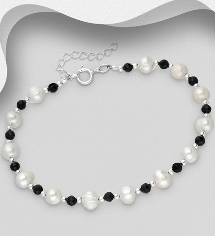 925 Sterling Silver Bracelet, Beaded with Black Freshwater Pearls