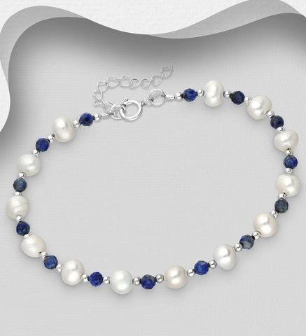 925 Sterling Silver Bracelet, Beaded with Lapis Freshwater Pearls