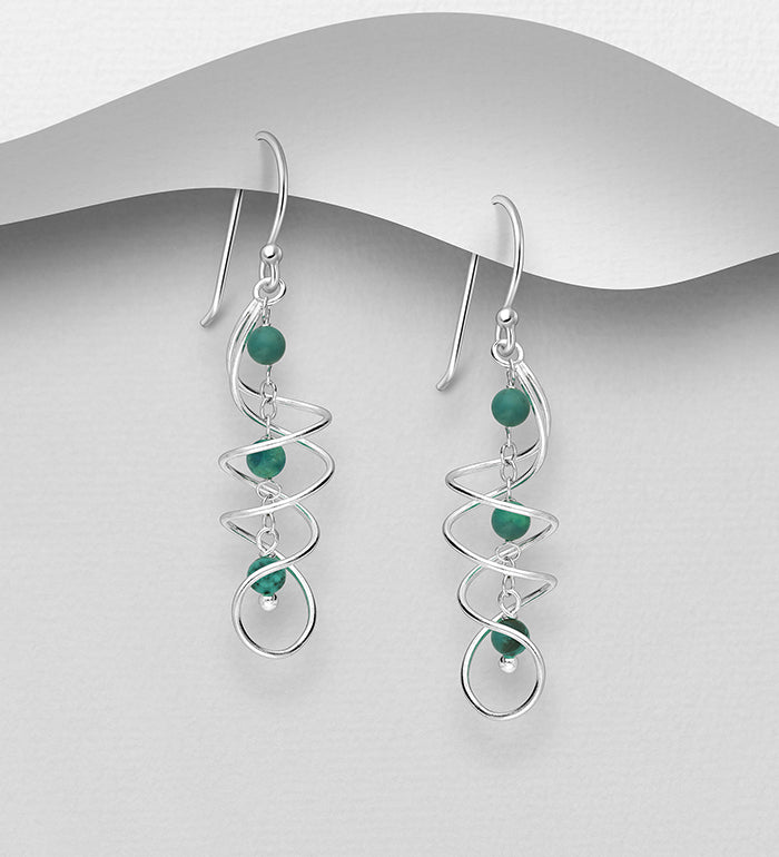 925 Sterling Silver Hook Spiral Earrings, Decorated with Green Beads