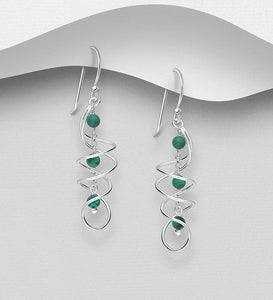 925 Sterling Silver Hook Spiral Earrings, Decorated with Green Beads