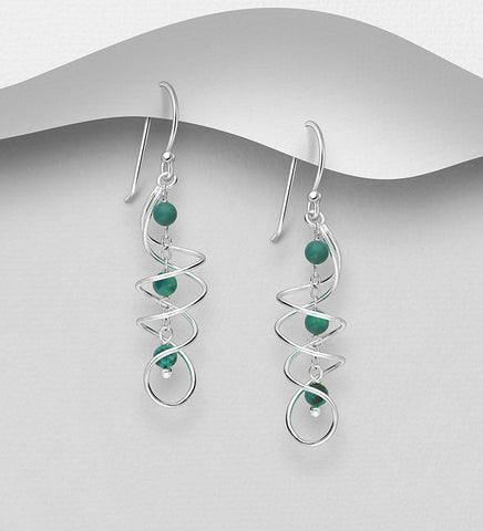 925 Sterling Silver Hook Spiral Earrings, Decorated with Green Beads