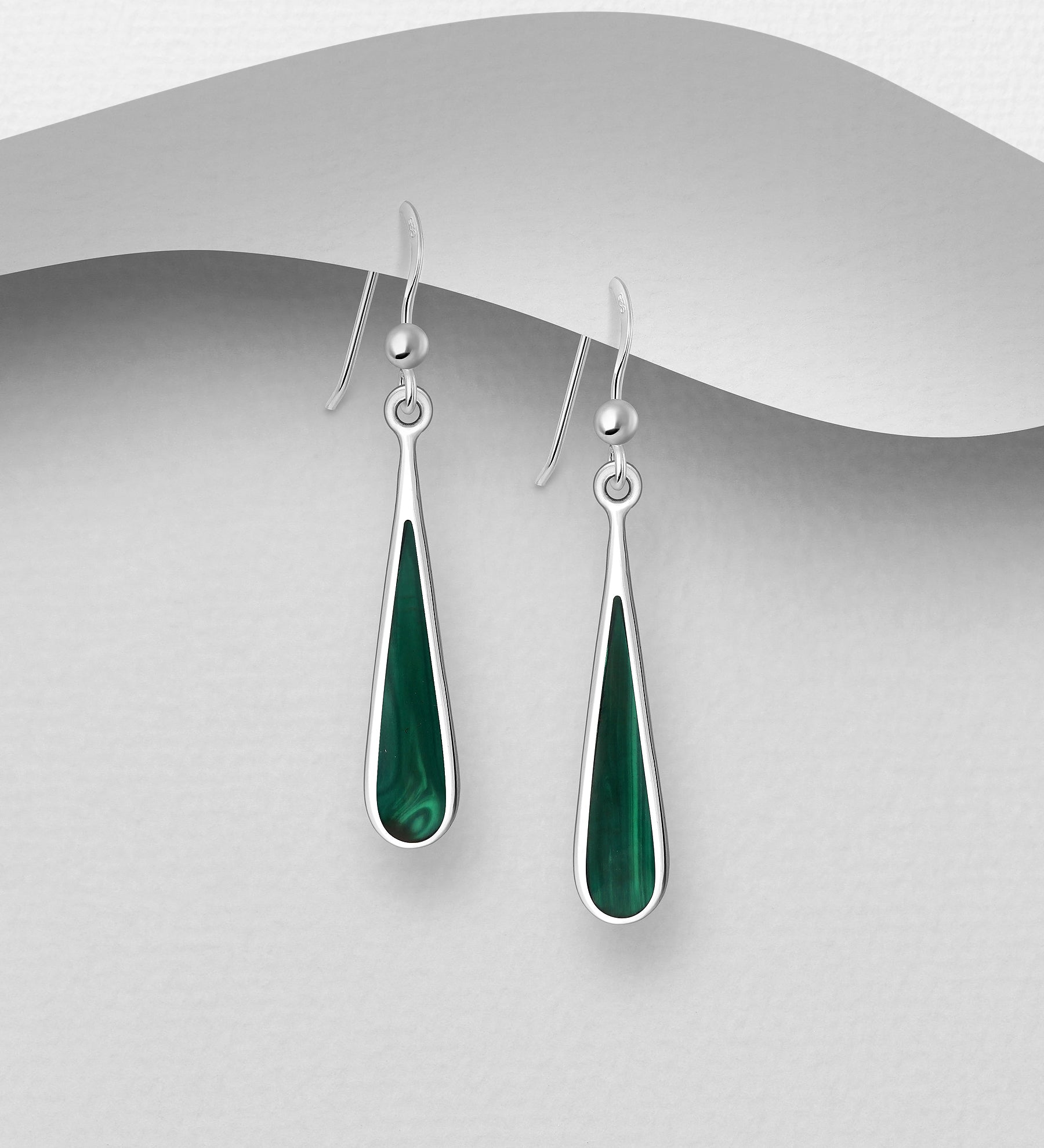 925 Sterling Silver Long Teardrop Earrings - Green