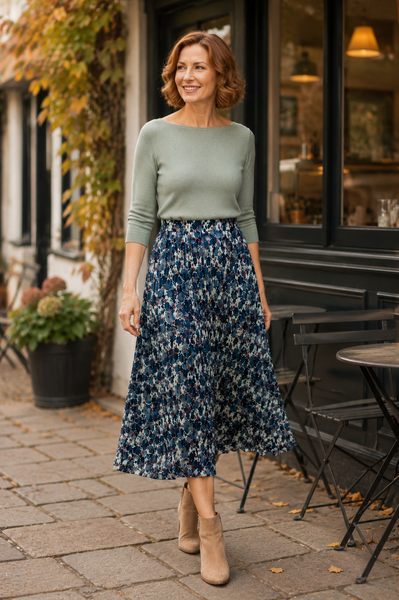 Pleated Autumn Leaves Midi Skirt - Navy
