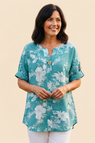 Floral Print One Button Top New - Teal