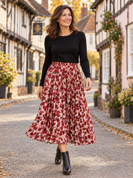 Pleated Autumn Leaves Midi Skirt - Red