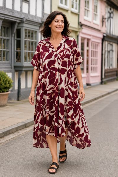 Autumn Leaves Print Dress - Wine