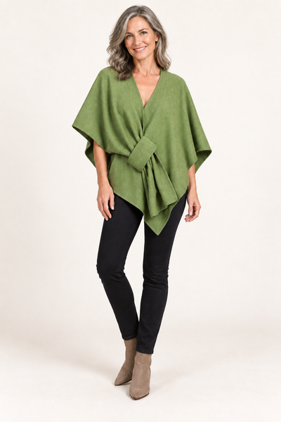 Poncho with Self-Tie Waist  - Apple Green