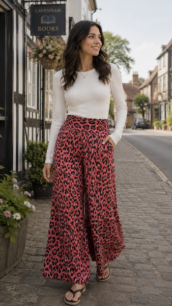 Animal Print Wide Leg Trousers - Fuchsia