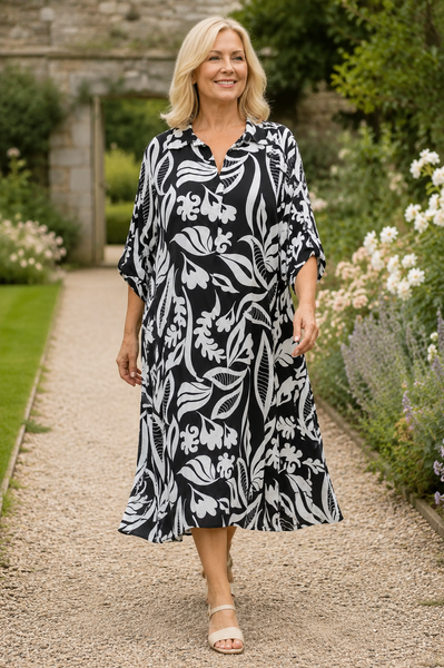 Abstract Print Dress with Collar - Black