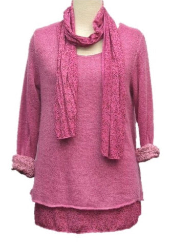 Knitted Layer Top with Scarf - Fuchsia