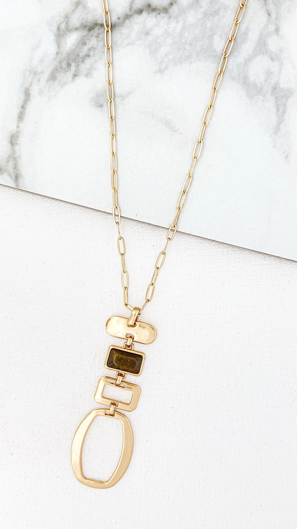 Envy - Long Gold Necklace with Square Pendant &  Stone