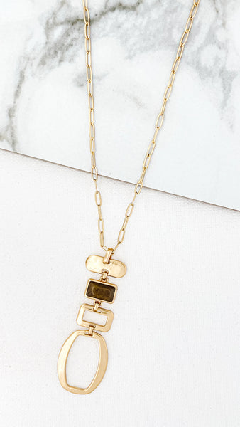 Envy - Long Gold Necklace with Square Pendant &  Stone